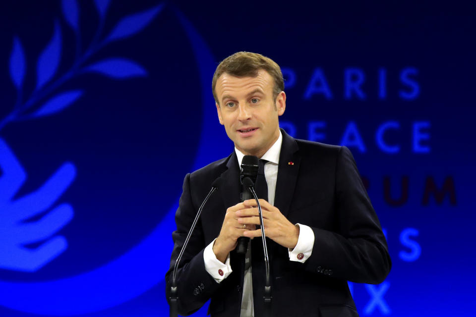 French President Emmanuel Macron delivers his speech at the Paris Peace Forum Tuesday, Nov. 12, 2019 in Paris. (AP Photo/Michel Euler, Pool)