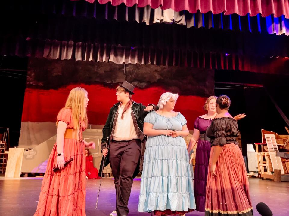 The cast of Les Misérables rehearses for their upcoming musical at Central High School, April 25, 2023. Pictured left to right: Natalie Norman, Ryan Ensor, Grace Bunnell, Payton Lee, and Zoie Woodruff.