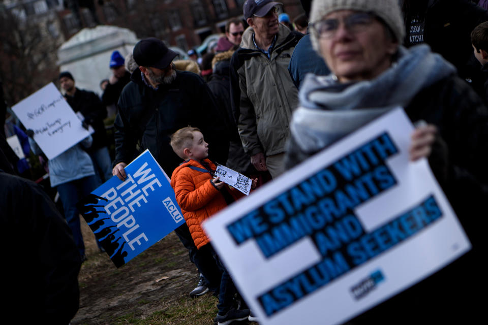 People gather to protest US President Donald Trump during Presidents' Day in Lafayette Square, near the White House on Feb. 18, 2019 in Washington, D.C. (Photo: Brendan Smialowski/AFP/Getty Images)