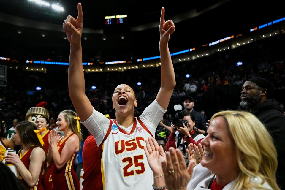 Southern California guard McKenzie Forbes (25) celebrates after the Trojans defeated the Baylor Bears in the Sweet 16 of the 2024 women's NCAA Tournament.