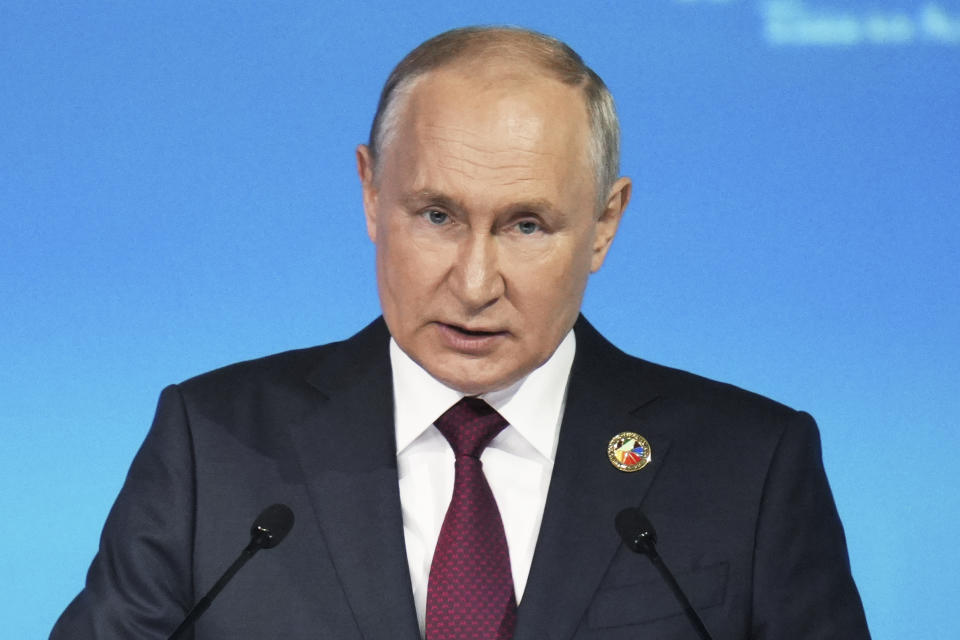 Russian President Vladimir Putin delivers a speech during a plenary session of the Russia-Africa Summit and Economic and Humanitarian Forum in St. Petersburg, Russia, Thursday, July 27, 2023. (Alexey Danichev, Sputnik, Kremlin Pool Photo via AP)