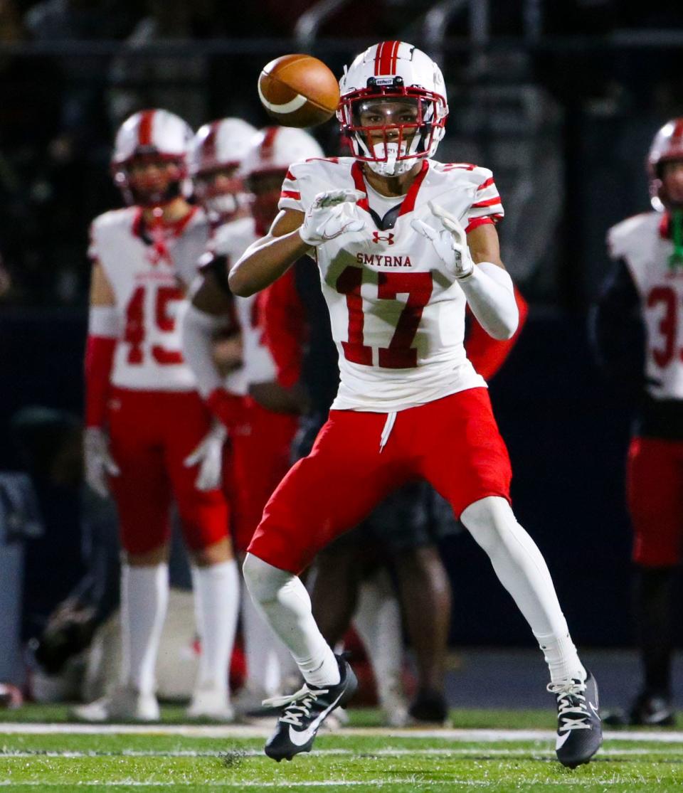 Smyrna's Phoenix Henriquez waits on a pass in the first quarter of Salesianum's 41-40 win in the first round of the DIAA Class 3A tournament, Friday, Nov. 17, 2023 at Abessinio Stadium.