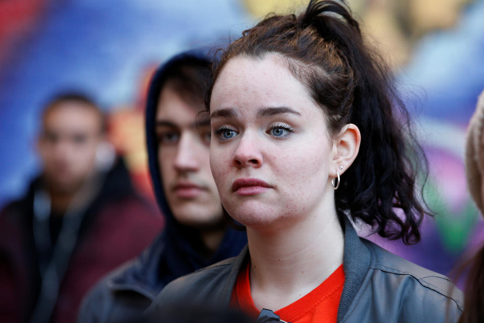 <p>Youths take part in a National School Walkout anti-gun march in New York City, New York, (Photo: Brendan McDermid/Reuters) </p>