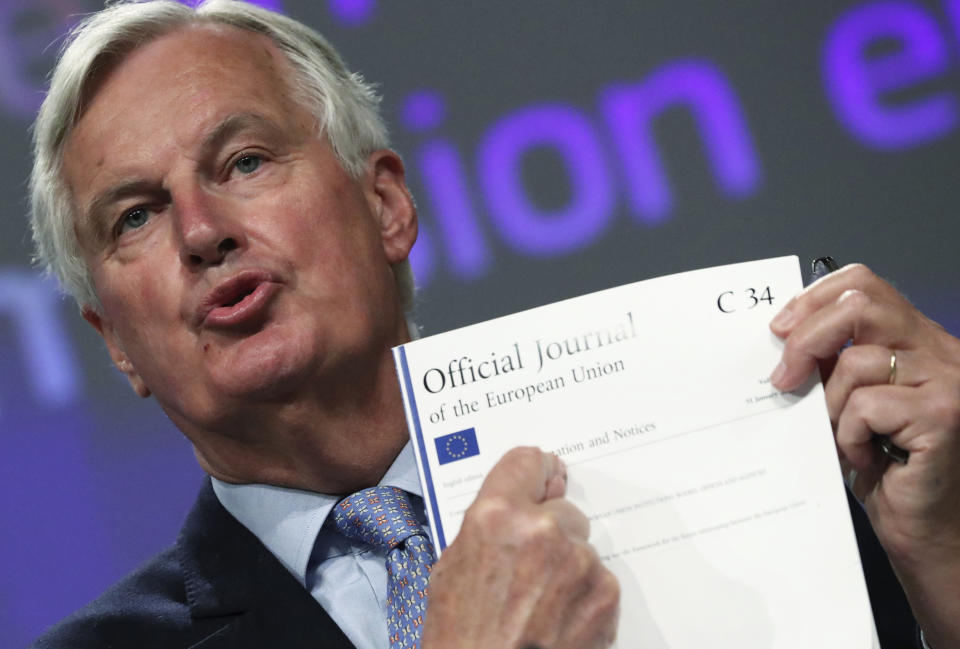 European Union's chief Brexit negotiator Michel Barnier gives a news conference after Brexit talks, in Brussels, Belgium, Friday, June 5, 2020. (Yves Herman, Pool Photo via AP)