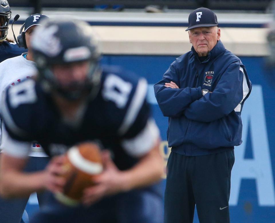 Former Friends' head coach Bob Tattersall watches as his grandson, Robby Tattersall, quarterbacks the Quakers to a 49-12 win in the DIAA Class 2A state tournament quarterfinals at Abessinio Stadium, Friday, Nov. 25, 2022.