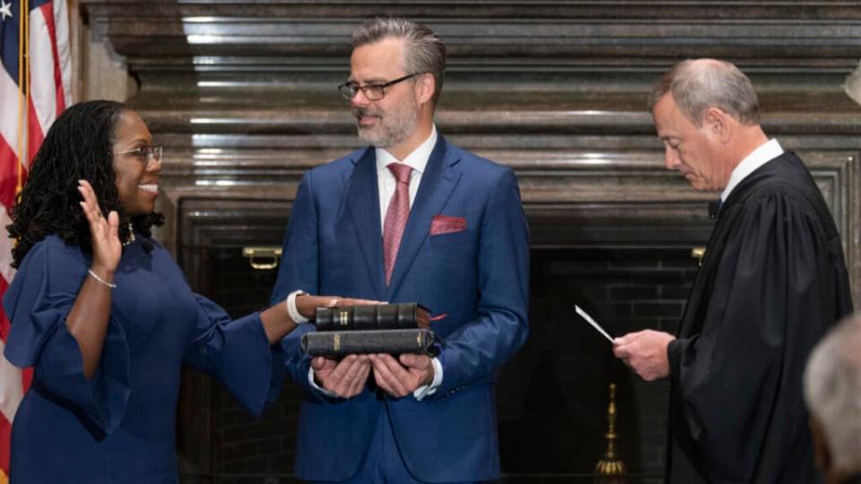 In this handout provided by the Supreme Court, Chief Justice John G. Roberts, Jr. (R) administers the Constitutional Oath to Judge Ketanji Brown Jackson (L) in the West Conference Room of the Supreme Court on June 30, 2022 in Washington, DC. (Photo by Fred Schilling/Collection of the Supreme Court of the United States via Getty Images)