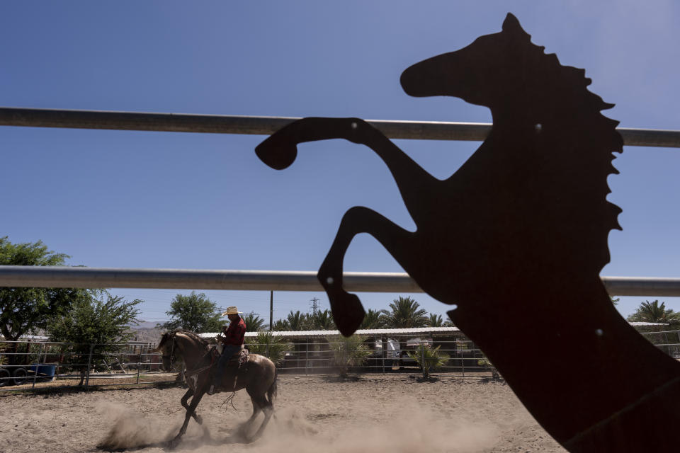 Horse trainer Alejandro Luna rides a horse at Rancho El Refugio date palm ranch owned by Carlos Ulloa in Twentynine Palms, Calif., Tuesday, June 11, 2024. Ulloa's vision was to create places where he could keep his horses and have a working ranch with sheep and peacocks, while hosting events for families. (AP Photo/Jae C. Hong)