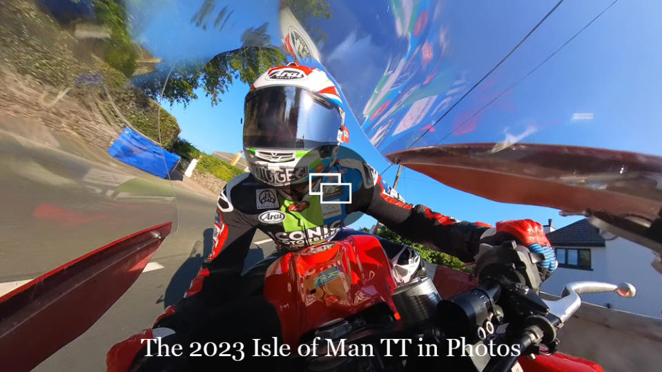 An onboard-camera view of racer Rennie Scaysbrook practicing for the 2023 Isle of Man TT.