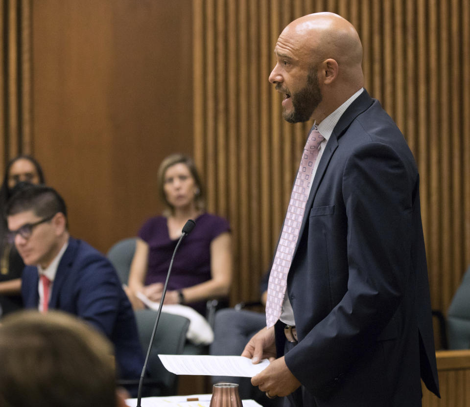 Samuel E. Brown, chief civil deputy with the Pima County Attorney's Office, makes a statement during a hearing in Pima County Superior Court in Tucson, Ariz. on Friday, Aug. 19, 2022. (Mamta Popat/Arizona Daily Star via AP, Pool)