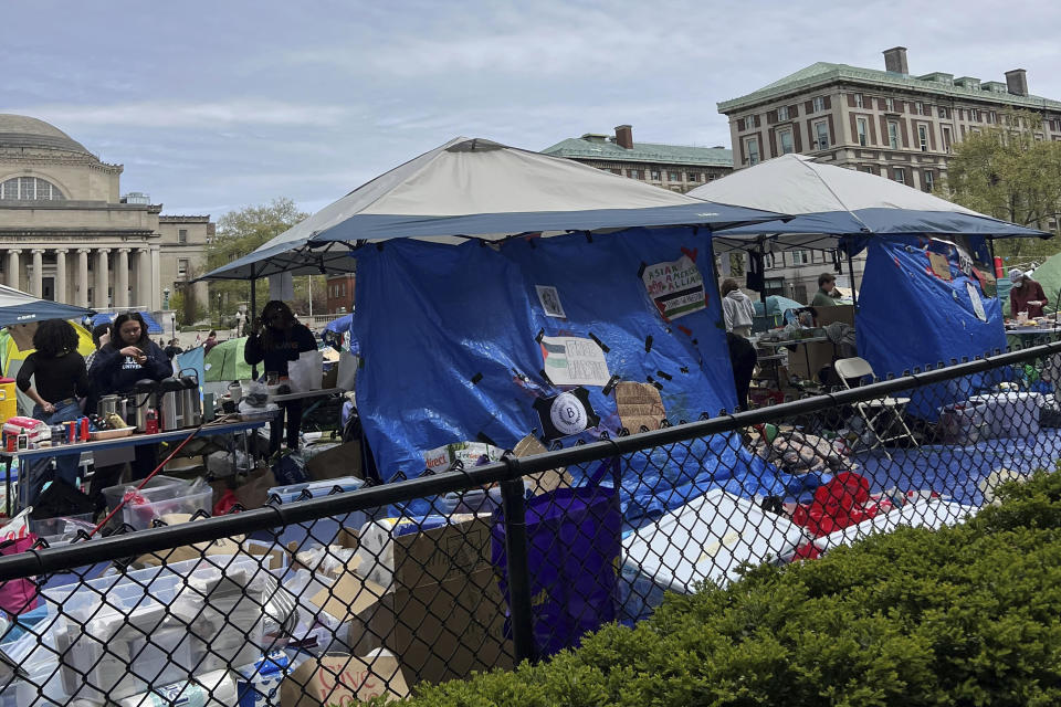 Pro-Palestinian protesters camp out in tents at Columbia University on Saturday, April 27, 2024 in New York. With the death toll mounting in the war in Gaza, protesters nationwide are demanding that schools cut financial ties to Israel and divest from companies they say are enabling the conflict. Some Jewish students say the protests have veered into antisemitism and made them afraid to set foot on campus. (AP Photo)