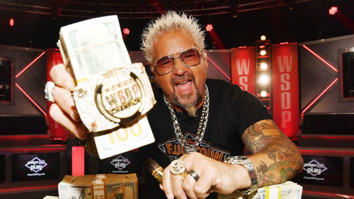 guy fieri stops by the record breaking world series of poker® main event® to unveil the wsop® bracelet and promote the grand opening of guy fieri's flavortown sports kitchen at horseshoe las vegas