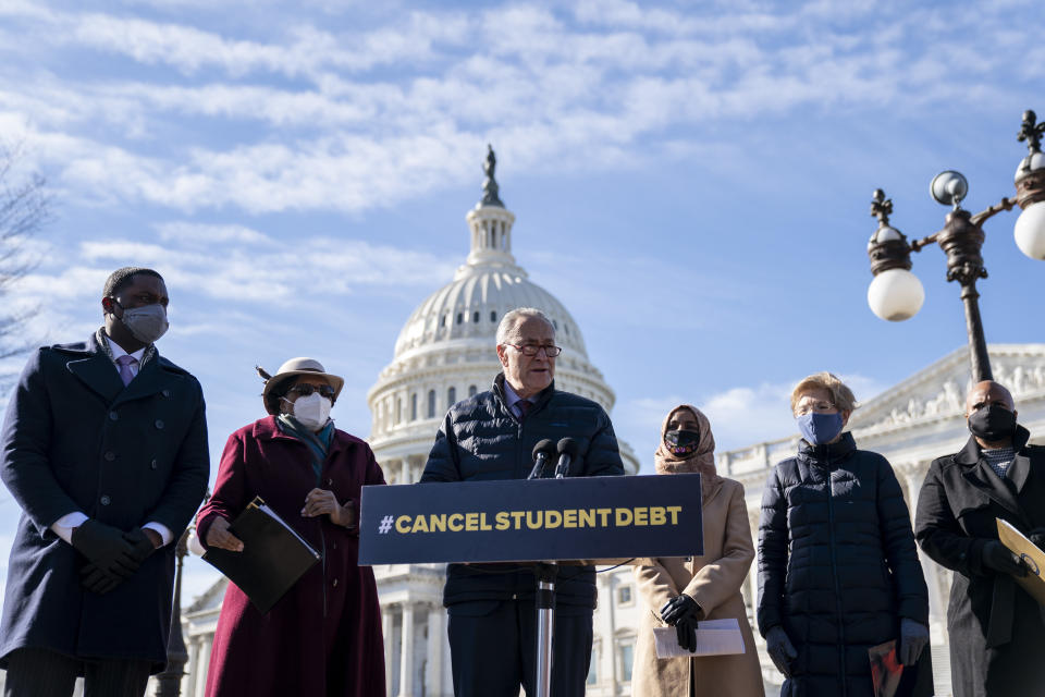 WASHINGTON, DC - FEBRUARY 4: Senate Majority Leader Chuck Schumer (D-NY) speaks during a press conference about student debt outside the U.S. Capitol on February 4, 2021 in Washington, DC. Also pictured, L-R, Rep. Mondaire Jones (D-NY), Rep. Alma Adams (D-NC), Rep. Ilhan Omar (D-MN), Sen. Elizabeth Warren (D-MA) and Rep. Ayanna Pressley (D-MA). The group of Democrats re-introduced their resolution calling on President Joe Biden to take executive action to cancel up to $50,000 in debt for federal student loan borrowers. (Photo by Drew Angerer/Getty Images)