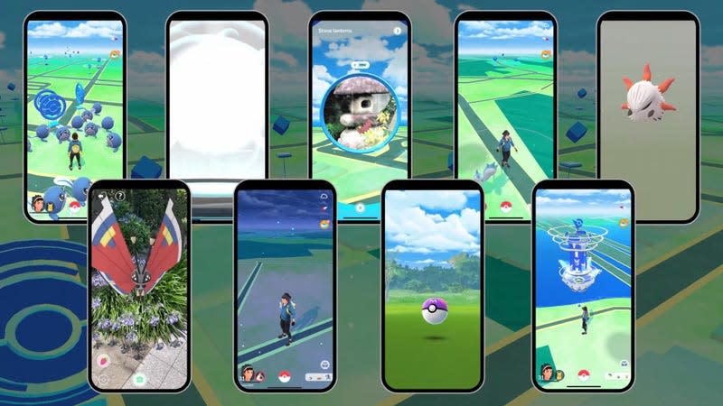 Several phones are seen with different screenshots from Pokemon Go.