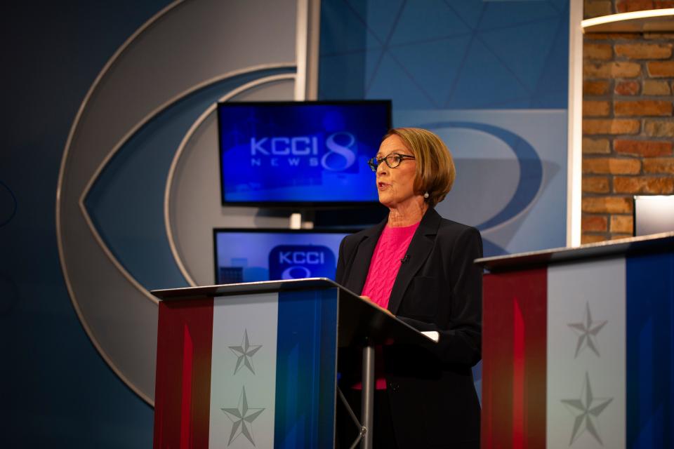 Des Moines mayoral candidate Connie Boesen speaks during a KCCI 8 News televised debate broadcasted Sunday afternoon. Boesen, 72, squared off against candidates Josh Mandelbaum and Chris W. Von Arx. Candidate Denver Foote was not present for the debate.