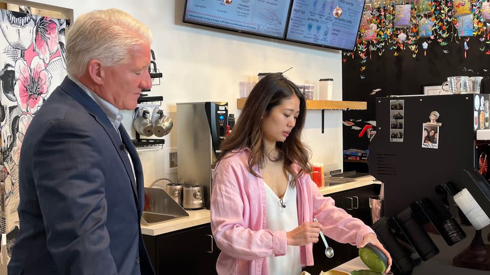 Christine Nguyen makes a matcha tea latte at Rebel Teahouse in Decatur, Georgia. - CNN