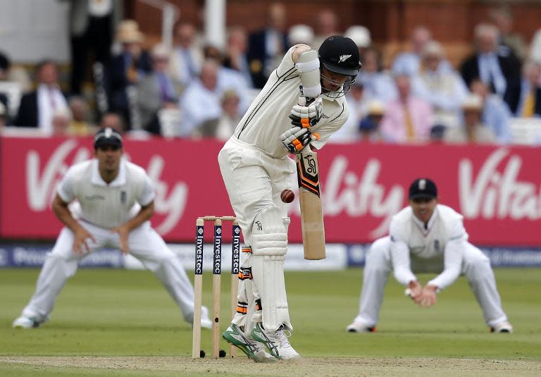 New Zealand’s Tom Latham bats against England during the second day of the first Test at Lord's on May 22, 2015