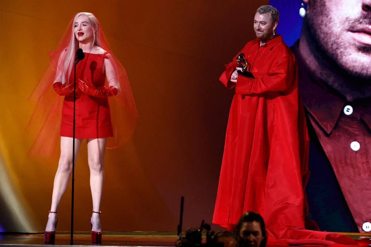 Kim Petras and Sam Smith accept the Best Pop Duo/Group Performance award for “Unholy” onstage during the 65th GRAMMY Awards at Crypto.com Arena on February 05, 2023 in Los Angeles, California.