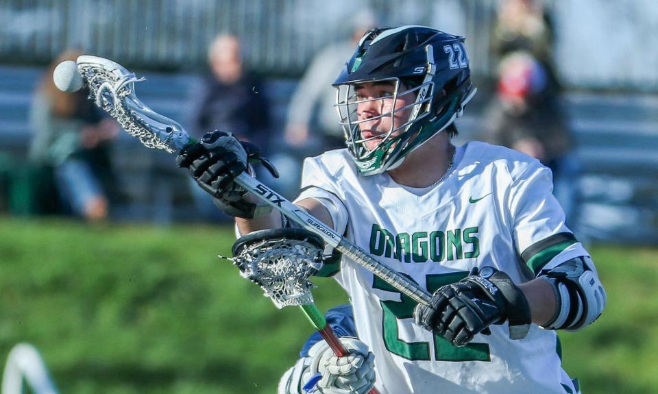 Duxbury's Campbell Pang controls the ball during a game against Cohasset on Thursday, April 28, 2022.
