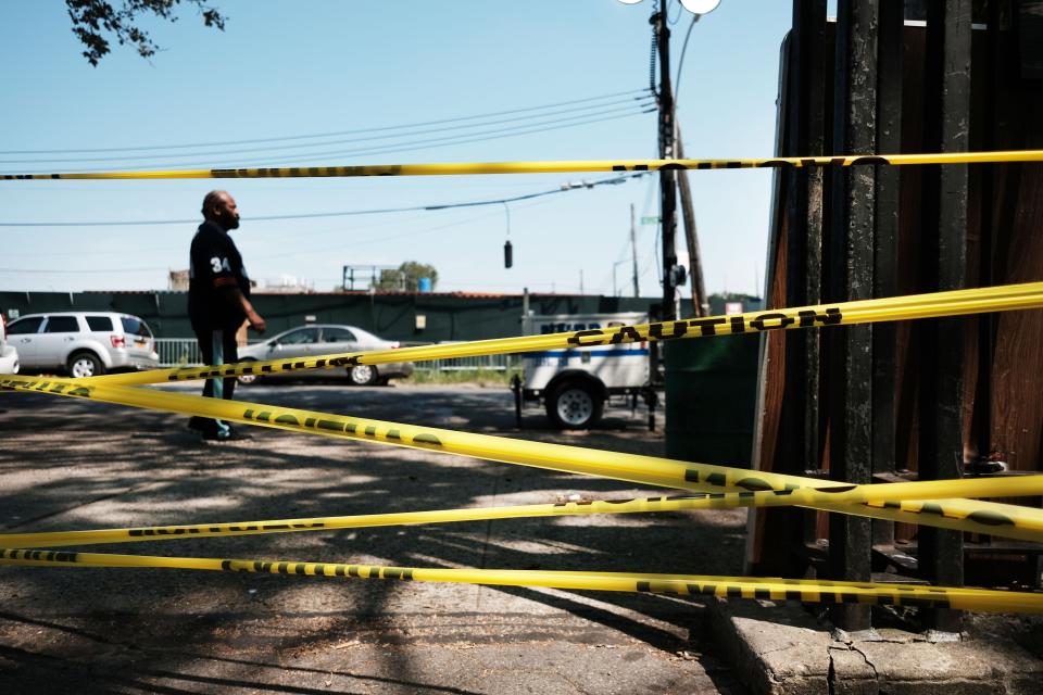 <p>Two officers were shot and injured in Queens on Tuesday. Shootings like this one in Brownsville (pictured) are on the rise in the city</p> (Getty Images)