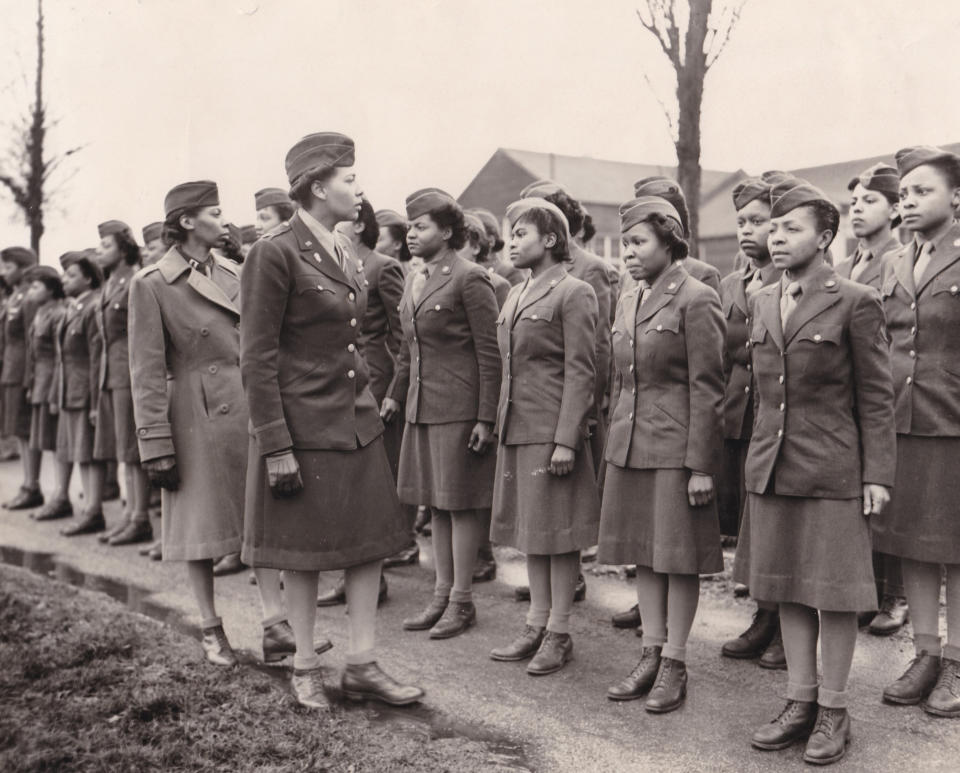 FILE - In this photo provided by the U.S. Army Women's Museum, members of the 6888th battalion stand in formation in Birmingham, England, in 1945. The Women's Army Corps battalion made history as the only all-female Black unit to serve in Europe during World War II. For Veterans Day, a group of Democratic lawmakers is reviving an effort to pay the families of Black servicemen who fought on behalf of the nation during World War II for benefits they were denied or prevented from taking full advantage of when they returned home from war. (U.S. Army Women's Museum via AP, File)