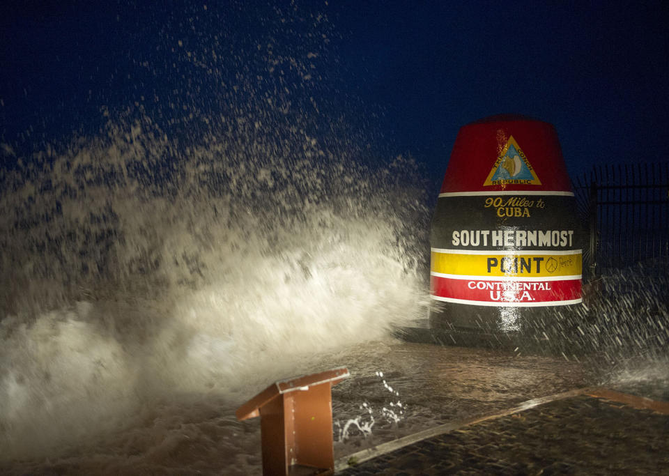 <p><strong>Key West</strong><br> Waves crash against the Southernmost Point in Key West, Fla., Sept. 9, 2017. (Photo: Rob O’Neal/The Key West Citizen via AP) </p>