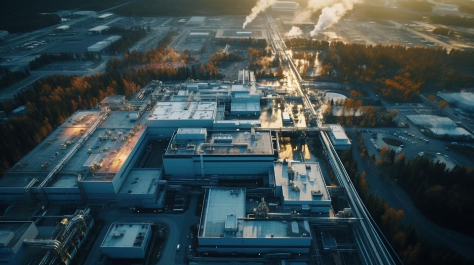 An aerial view of a large manufacturing facility, conveying the scale of the industrial processing.