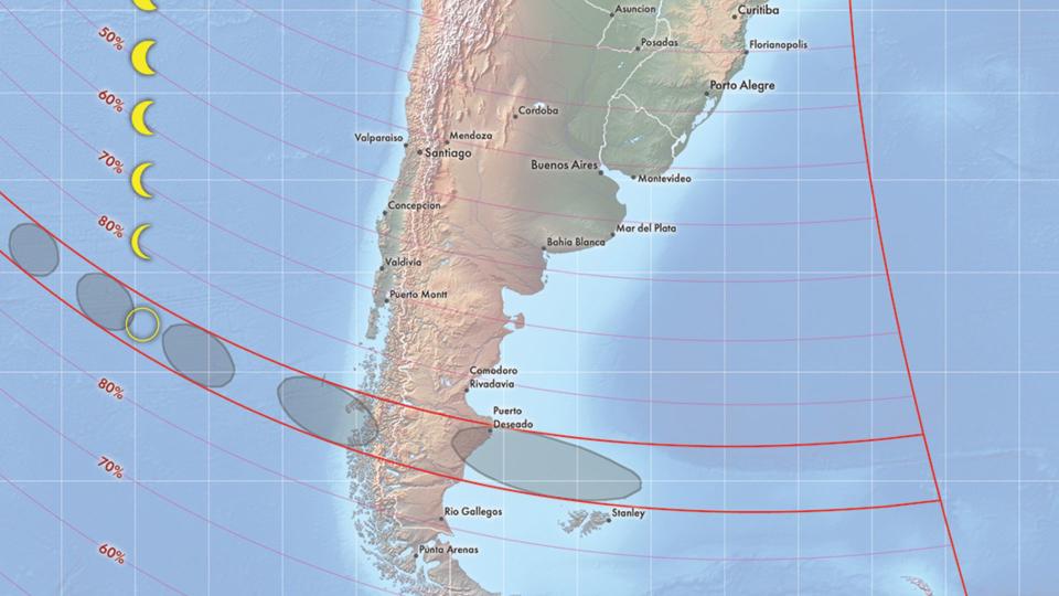 A close-up of South America showing the path of the annular solar eclipse.