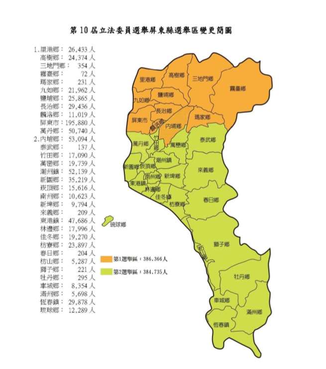 20190119-圖為2020年第10屆屏東縣立委選舉區域變更圖。（中選會提供，風傳媒製表）