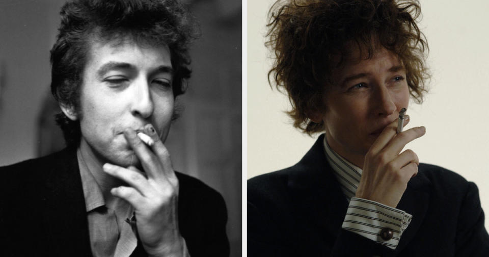 Bob Dylan smoking; Cate Blanchett dressed as Bob Dylan