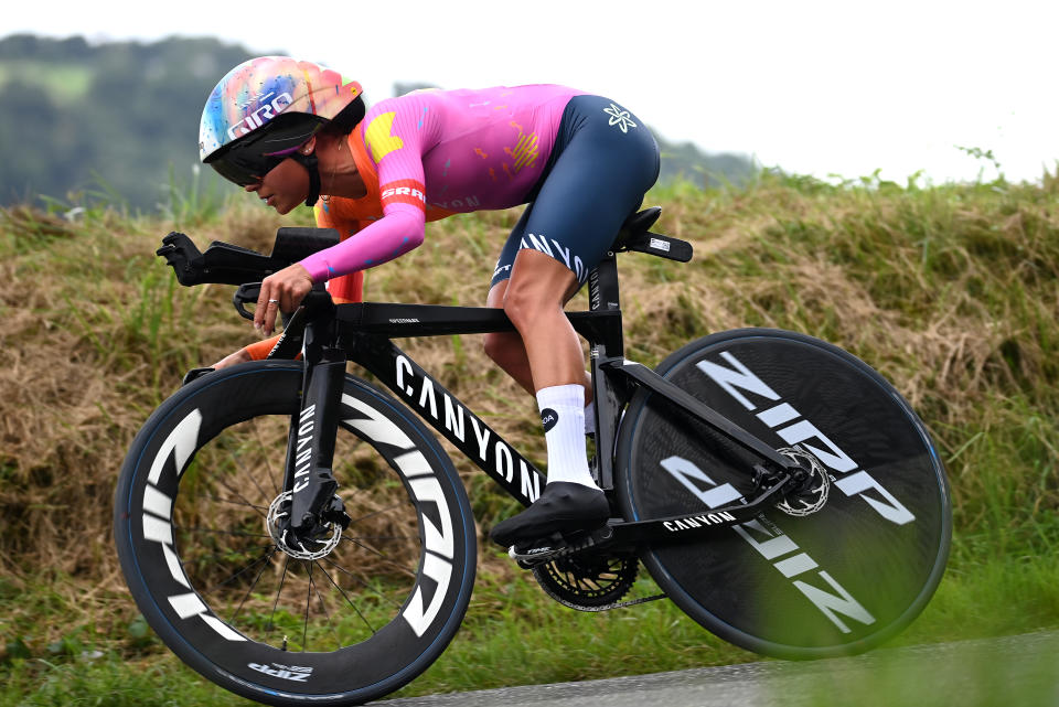 PAU, FRANCE - JULY 30: Ricarda Bauernfeind of Germany and Team Canyon//SRAM Racing sprints during the 2nd Tour de France Femmes 2023, Stage 8 a 22.6km individual time trial stage from Pau to Pau / #UCIWWT / on July 30, 2023 in Pau, France. (Photo by Tim de Waele/Getty Images)