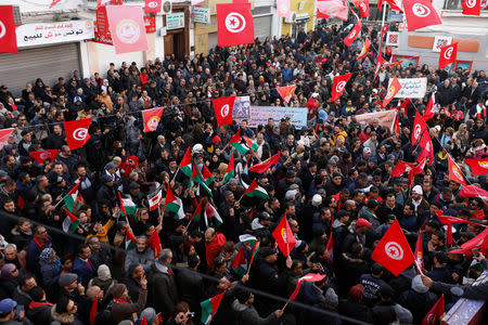 People gather during a nationwide strike against the government's refusal to raise wages in Tunis, Tunisia January 17, 2019. REUTERS/Zoubeir Souissi