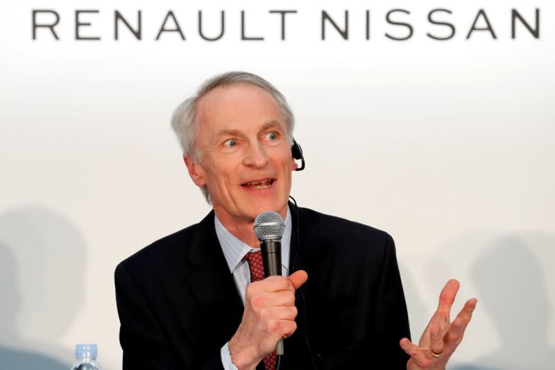 Renault, Nissan and Mitsubishi chiefs hold a news conference in Yokohama