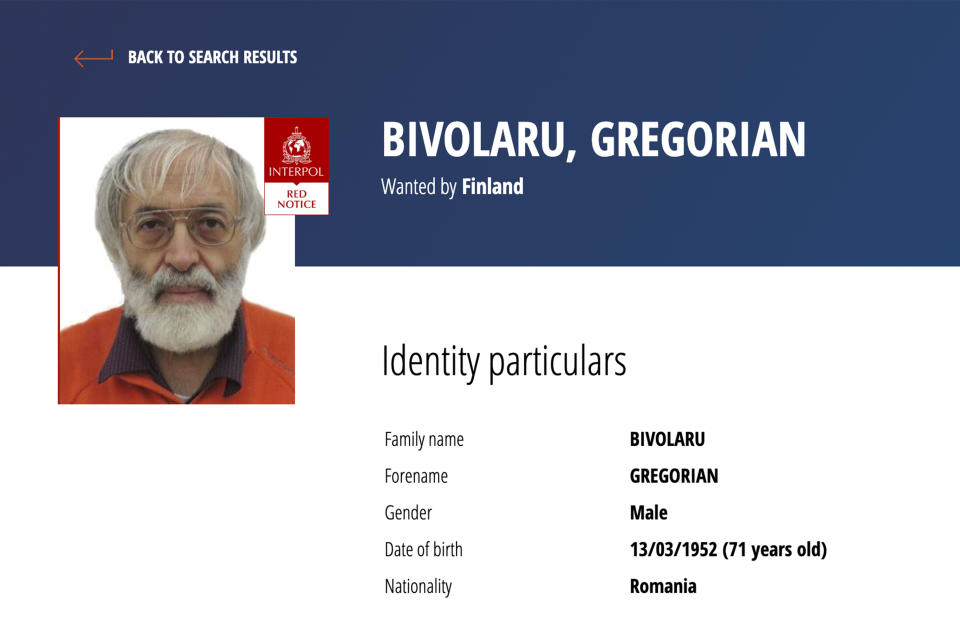 This photo shows the red notice of Romania's Gregorian Bipolar on Interpol website, Tuesday, Nov.28, 2023. French authorities arrested the leader of a multinational tantric yoga organization Tuesday on suspicion of indoctrinating female followers for sexual exploitation. The Romanian guru identified as Gregorian B., whom French media identified as Gregorian Bivolaru at the heart of the Atman Yoga Federation was detained during a massive morning police operation across the Paris region, according to a French judicial official, who wasn't authorized to speak publicly about an ongoing investigation. (Interpol via AP)