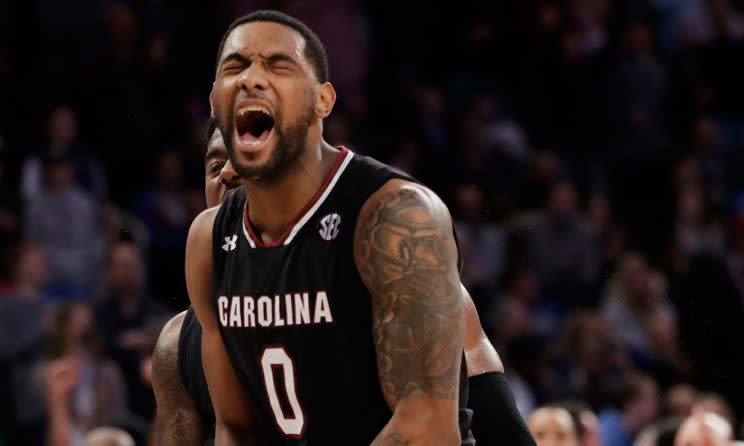 South Carolina guard Sindarius Thornwell (0) reacts after dunking the ball against Florida during the second half. (AP)