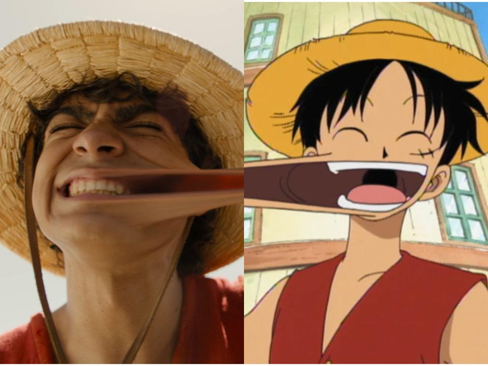 left: iñaki godoy as monkey d. luffy in the live action one piece; right: luffy in the one piece anime. both are doing identical poses where they stretch their cheeks out