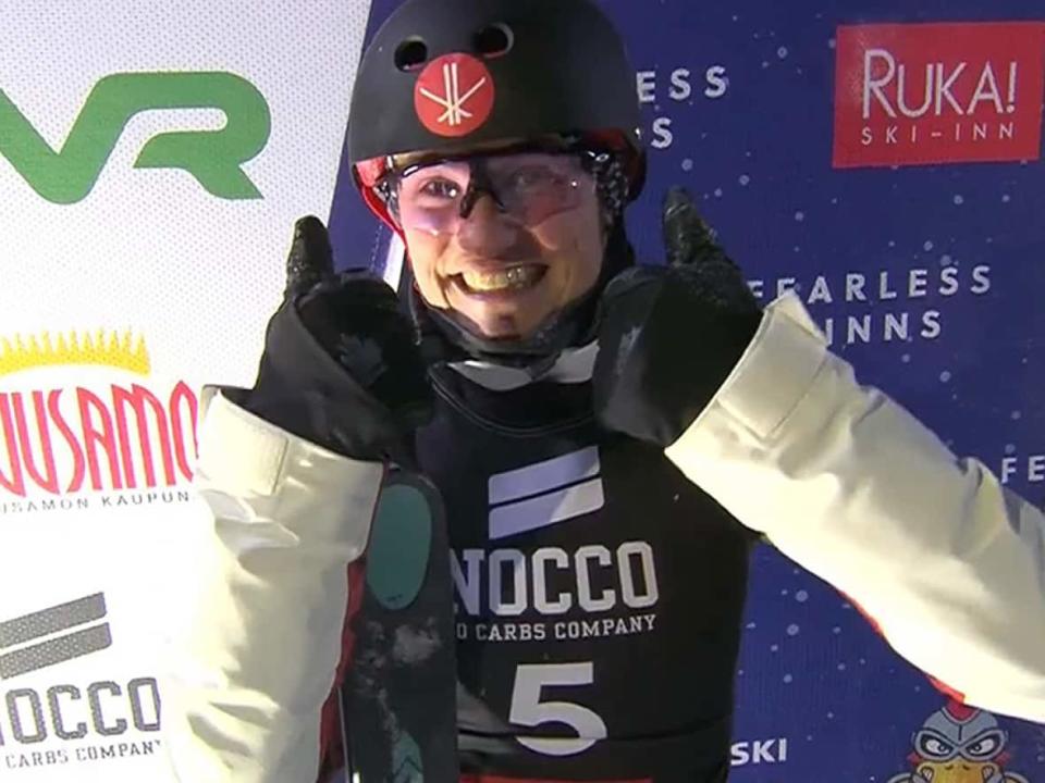 Canada's Marion Thenault, seen here at a world cup event in Finland in December, won world cup gold at the FIS Freestyle Skiing World Cup aerial even in Le Relais, Que., on Saturday. (Twitter/@eurosport - image credit)