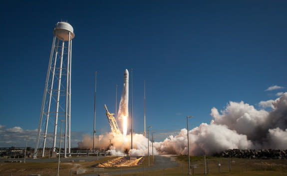 The Orbital Sciences Corporation Antares rocket, with the Cygnus cargo spacecraft aboard, is seen as it launches from Pad-0A of the Mid-Atlantic Regional Spaceport (MARS), Wednesday, Sept. 18, 2013, NASA Wallops Flight Facility, Virginia. Cygnu