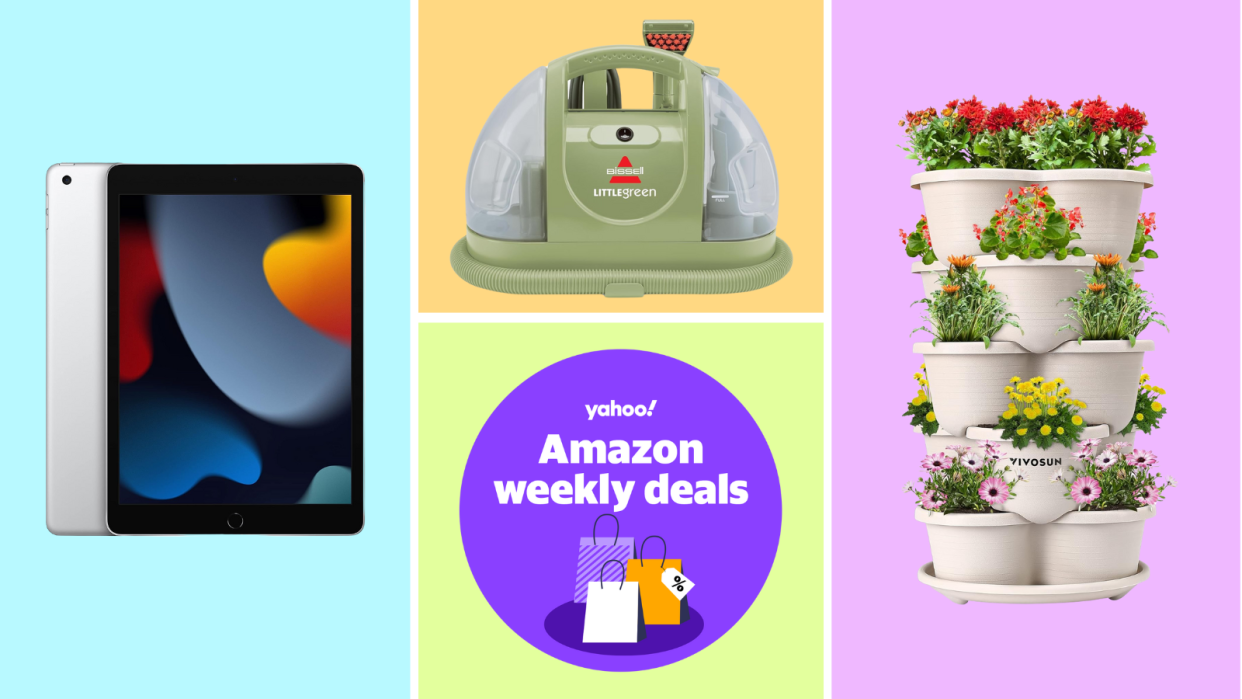 Amazon deals: Apple iPad, Bissell Little Green, tiered vertical garden, purple badge that reads Yahoo! Amazon weekly deals, all on a colorful background