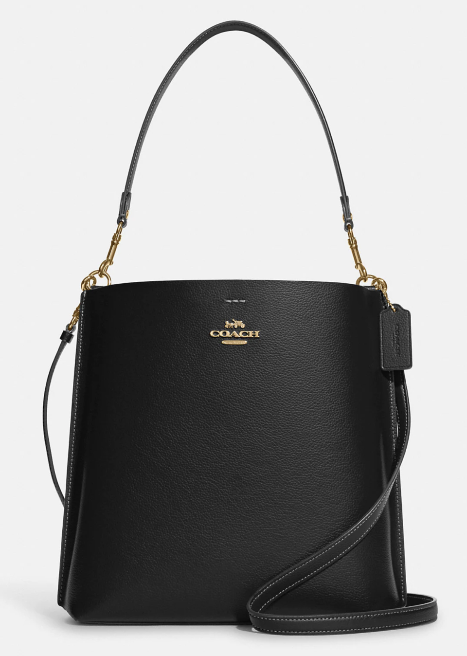 Mollie Bucket Bag in black on white background (photo via Coach Outlet)