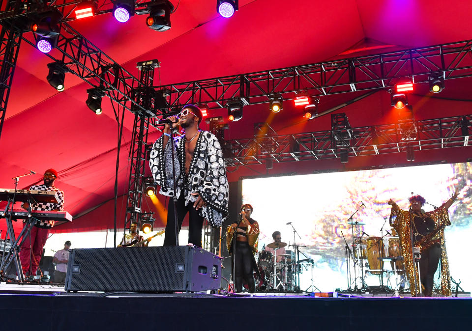 Cuban singer-songwriter Cimafunk performs onstage in the Gobi Tent during the Coachella Valley Music and Arts Festival in Indio, California, on April 12, 2024. Erik Alejandro Iglesias Rodriguez, aka Cimafunk, is the first Cuban-born artist to perform at Coachella. (Photo by VALERIE MACON / AFP) (Photo by VALERIE MACON/AFP via Getty Images)