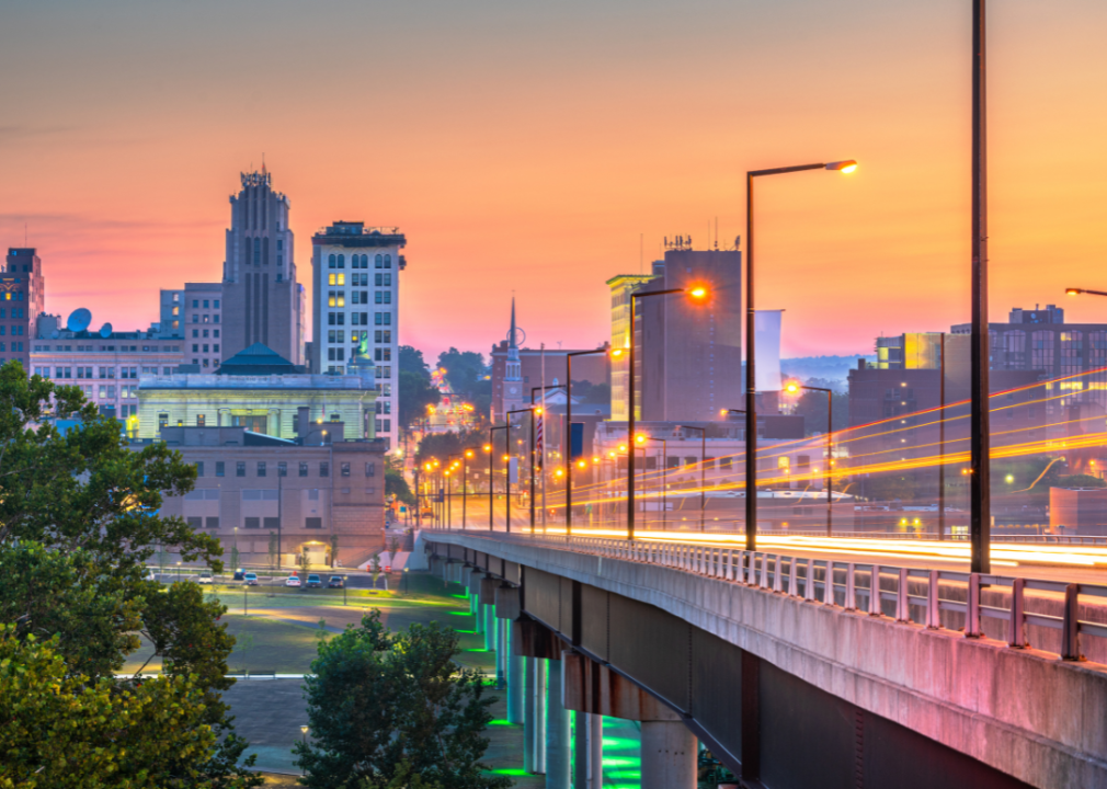 A city skyline of buildings of various shapes and sizes at sunset.