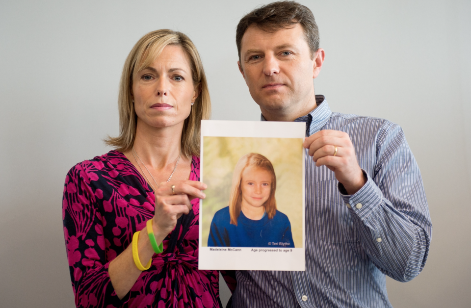 Madeleine McCann, Kate (L) and Gerry McCann (R) pose with an artist’s impression of how their daughter might look at the age of nine ahead of a press conference in central London on May 2, 2012. Image: Getty