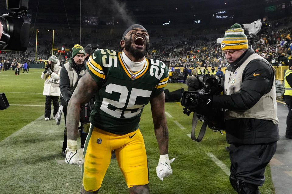 Green Bay Packers cornerback Keisean Nixon (25) celebrates following an NFL football game against the Los Angeles Rams in Green Bay, Wis. Monday, Dec. 19, 2022. The Packers defeated the Rams 24-12. (AP Photo/Morry Gash)