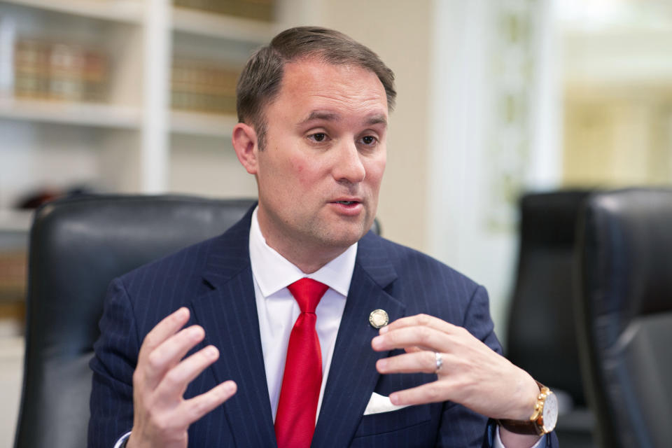 Virginia Attorney General Jason Miyares speaks during an interview at the Office of the Attorney General in Richmond, Va., Tuesday, May 9, 2023. (AP Photo/Ryan M. Kelly)