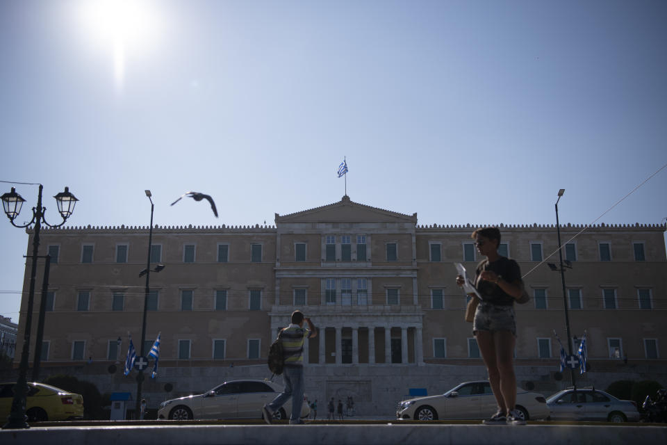 A view of the Greek parliament, in Athens, Greece, Saturday, June 24, 2023. Greeks return to the polls Sunday for a second general election in five weeks, with the conservative front-runners eyeing a landslide win after toppling strongholds dominated by their opponents for decades. (AP Photo/Michael Varaklas)