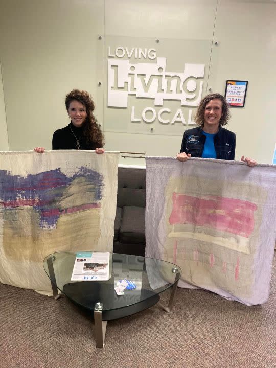 Clinton artist Gabi Torres, left, and Clinton County naturalist Jessica Steines brought some of the silk panels to “Living Local” at WHBF Friday, March 1, 2024.