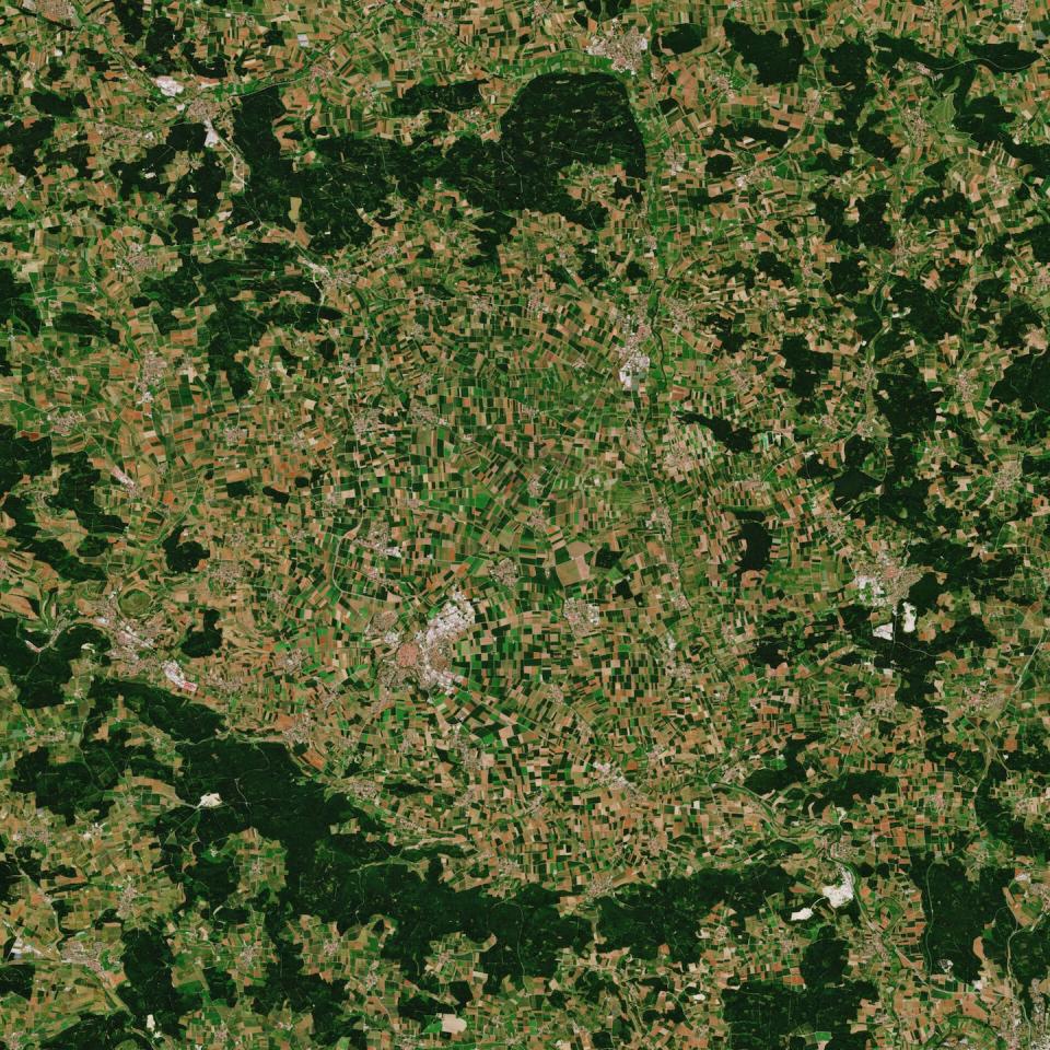 A satellite image showing the outline of the crater delineated by dark forests. In the middle, the town of Nördlingen is visible with its red rooftops. <a href="https://www.esa.int/ESA_Multimedia/Images/2019/05/Ries_crater_Germany" rel="nofollow noopener" target="_blank" data-ylk="slk:ESA;elm:context_link;itc:0;sec:content-canvas" class="link ">ESA</a>, <a href="http://creativecommons.org/licenses/by-sa/4.0/" rel="nofollow noopener" target="_blank" data-ylk="slk:CC BY-SA;elm:context_link;itc:0;sec:content-canvas" class="link ">CC BY-SA</a>