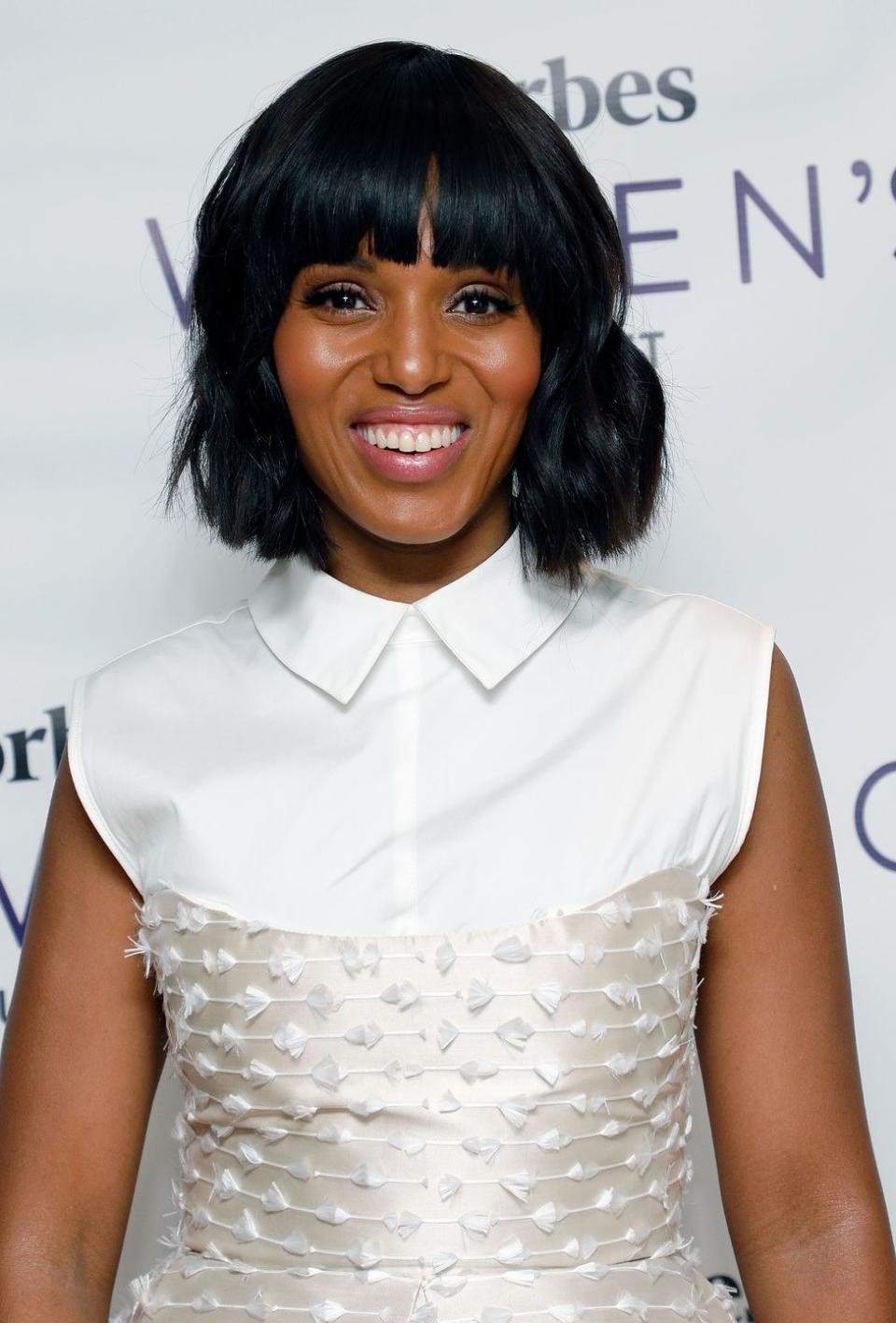 <p>It's definitely the year of the cropped bob, and Kerry's <a rel="nofollow noopener" href="https://www.womansday.com/style/beauty/g3132/hairstyles-with-bangs/" target="_blank" data-ylk="slk:straight bangs;elm:context_link;itc:0;sec:content-canvas" class="link ">straight bangs</a> complete this youthful look. </p><p><strong>What you'll need</strong>: Anti-frizz spray ($13, <a rel="nofollow noopener" href="https://www.amazon.com/John-Frieda-Strength-Effects-Ounces/dp/B000P9DS4Q/?tag=womansday_auto-append-20&ascsubtag=%5Bartid%7C10070.g.856%5Bsrc%7C%5Bch%7C" target="_blank" data-ylk="slk:amazon.com;elm:context_link;itc:0;sec:content-canvas" class="link ">amazon.com</a>); hair shine mist ($20, <a rel="nofollow noopener" href="https://www.amazon.com/TIGI-Head-Shine-Unisex-Ounce/dp/B000VZDWB8?tag=womansday_auto-append-20&ascsubtag=%5Bartid%7C10070.g.796%5Bsrc%7C%5Bch%7C" target="_blank" data-ylk="slk:amazon.com;elm:context_link;itc:0;sec:content-canvas" class="link ">amazon.com</a>)</p>