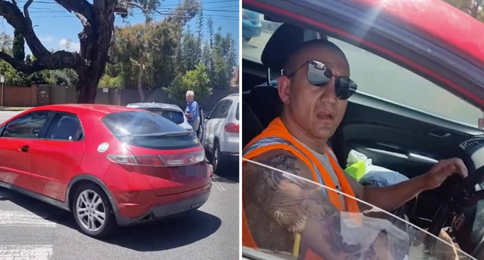 A photo of the red Honda Civic driven by the man that crashed into another car while trying to park on a zebra crossing in a Hampton, Melbourne Coles carpark. 