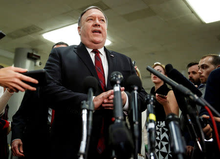 U.S. Secretary of State Mike Pompeo speaks to the media after a closed briefing for senators about the latest developments related to the death of Saudi journalist Jamal Khashoggi on Capitol Hill in Washington, U.S., November 28, 2018. REUTERS/Joshua Roberts/Files